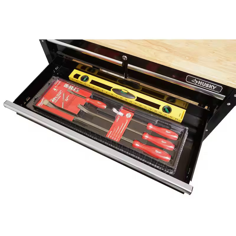 3-Drawer Gloss Black Rolling Tool Cart with Hardwood Top E1834