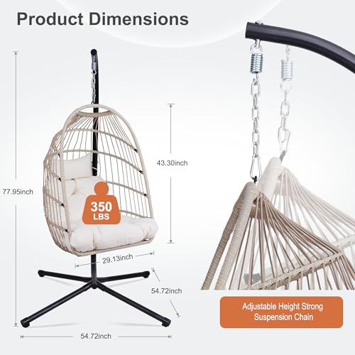 Foldable Hanging Egg Chair with Stand, HDPE Rattan and Aluminum-Steel Frame, 350 Lbs Capacity, Beige M628801