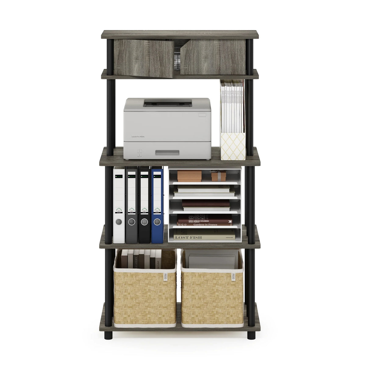 French Oak Grey/Black Printer Stand with Top Cabinet K373707