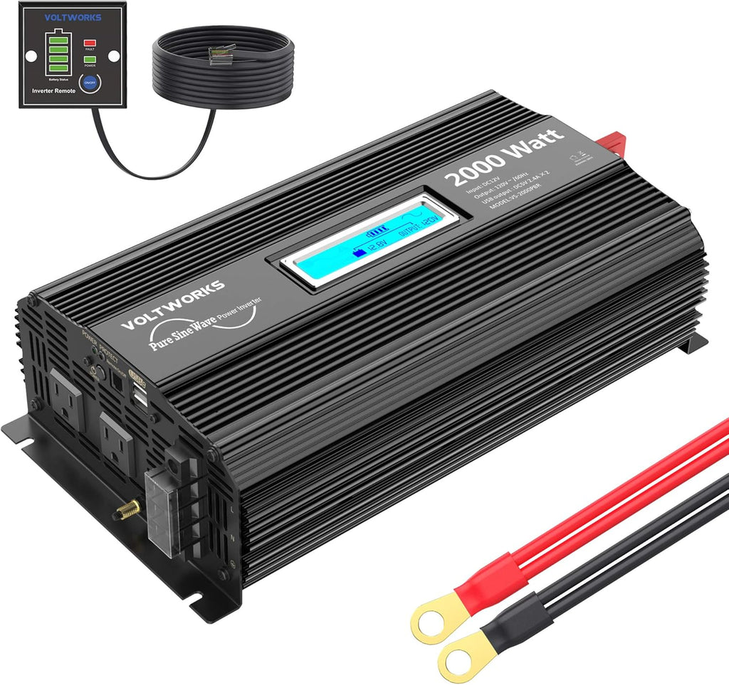 Pure Sine Wave 2000Watt Car Power Inverter DC 12V to 120V AC with 2 AC Outlets USB Ports Remote Control LCD Display O413