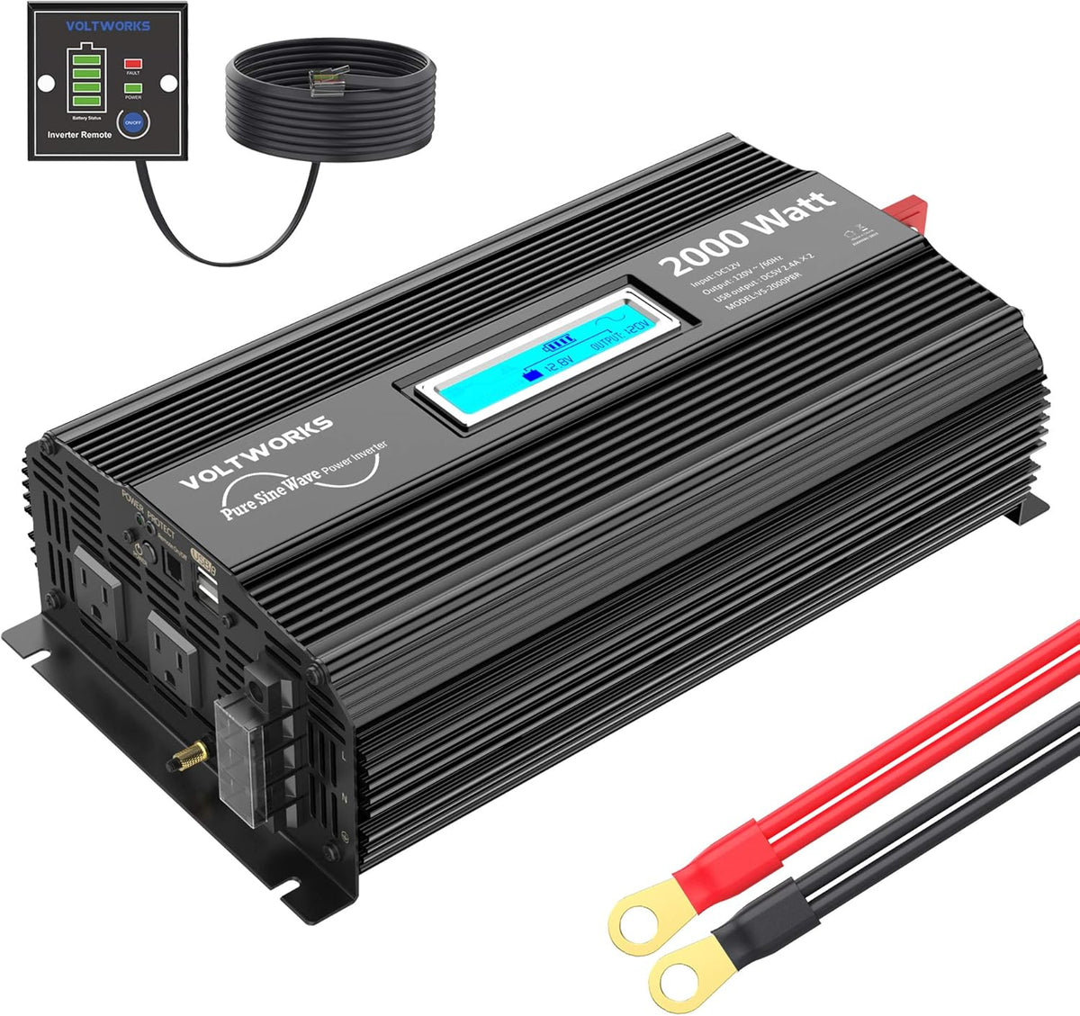 Pure Sine Wave 2000Watt Car Power Inverter DC 12V to 120V AC with 2 AC Outlets USB Ports Remote Control LCD Display O413