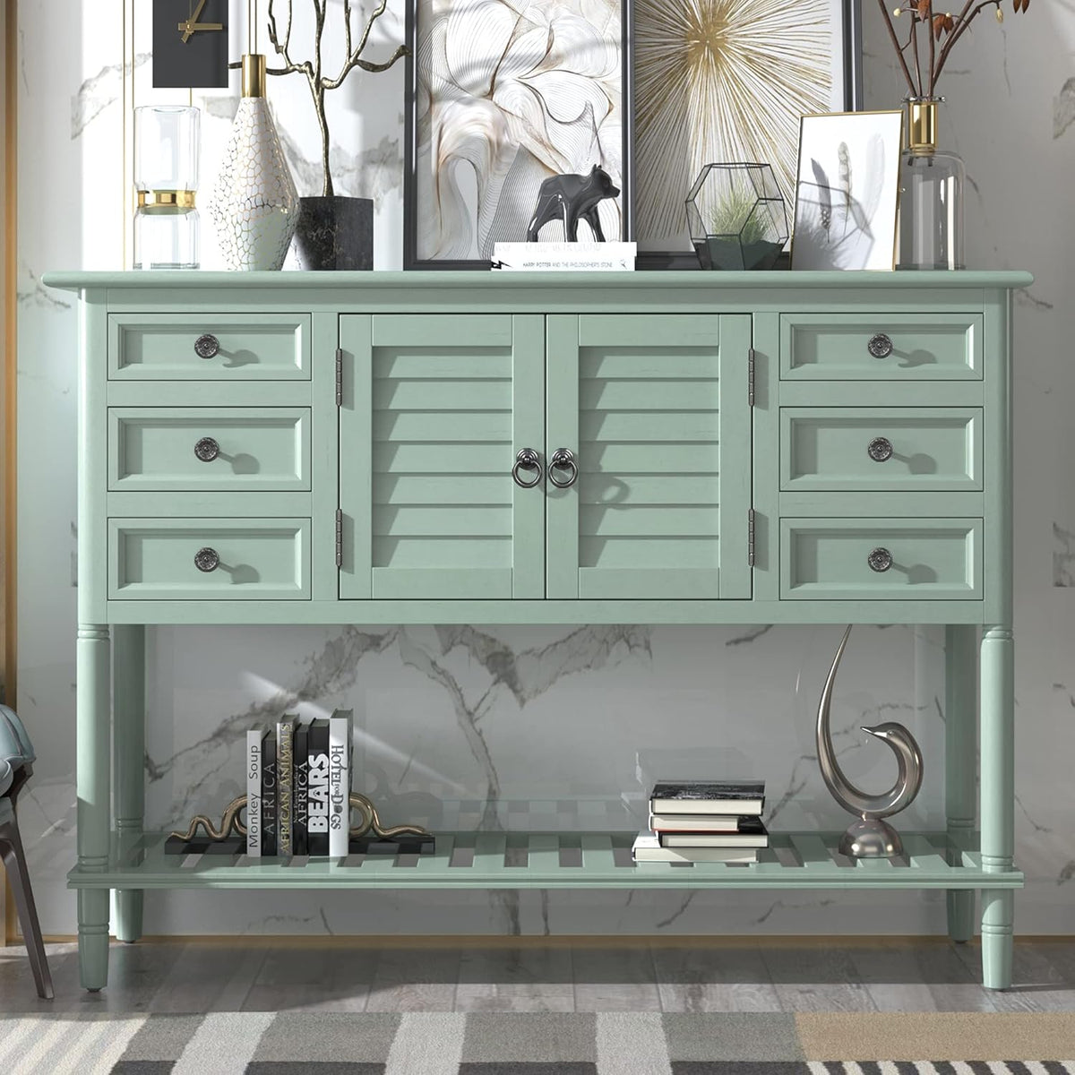 Light Green MDF Sideboard Console Table with 6 Drawers R274