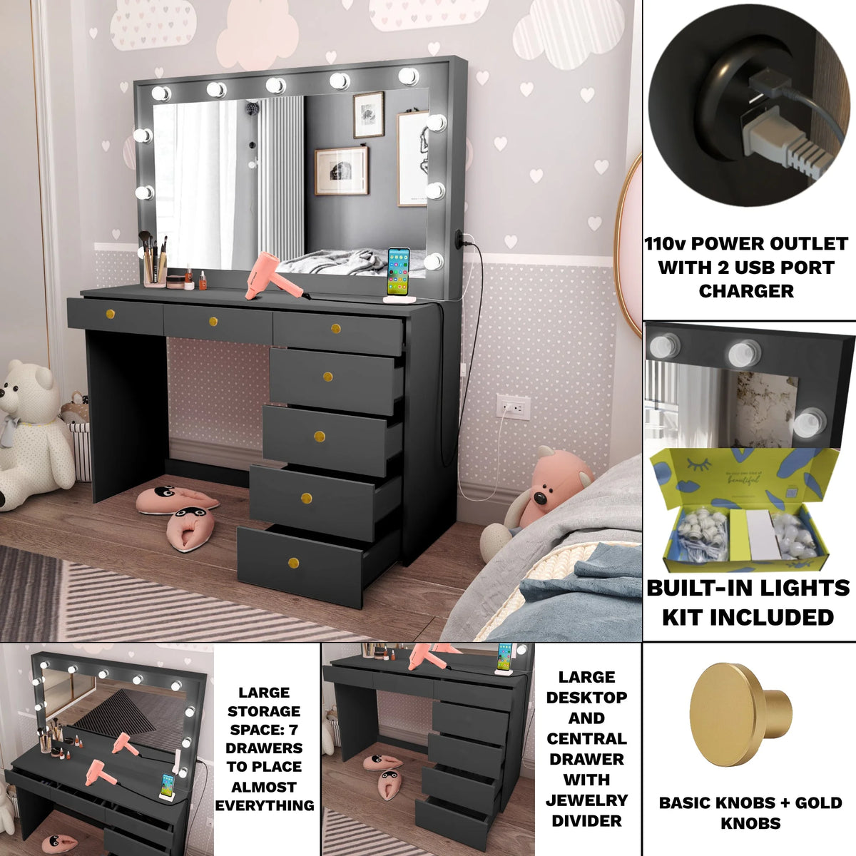 Black Painted Makeup Vanity Table with Light Bulbs G495