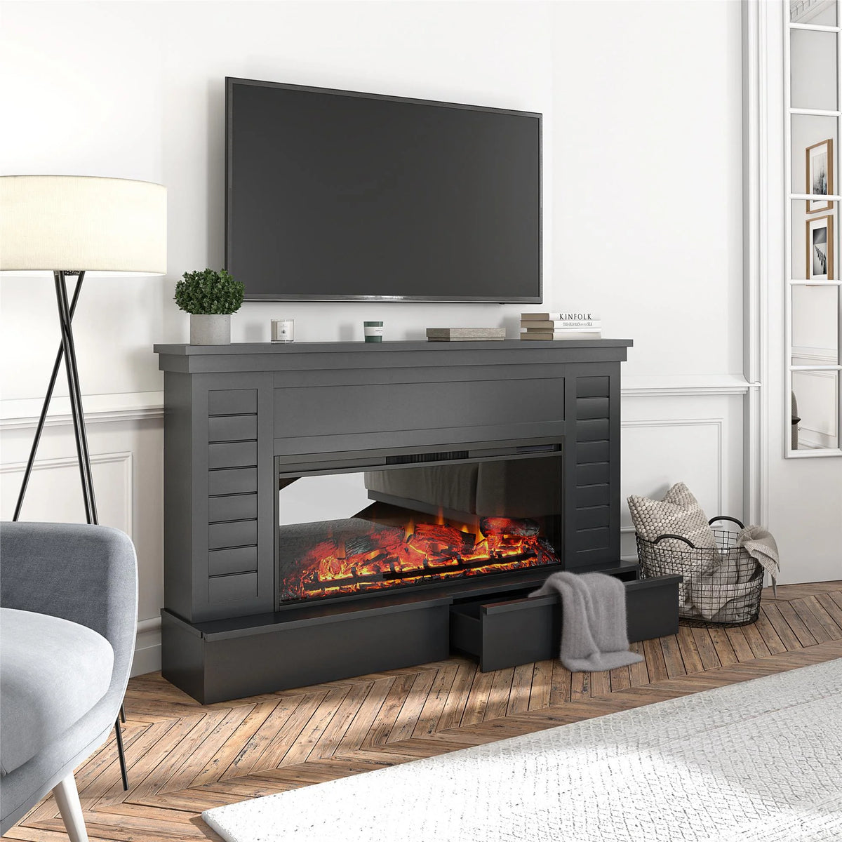 Black Electric Fireplace Mantel with Storage Drawers H2139