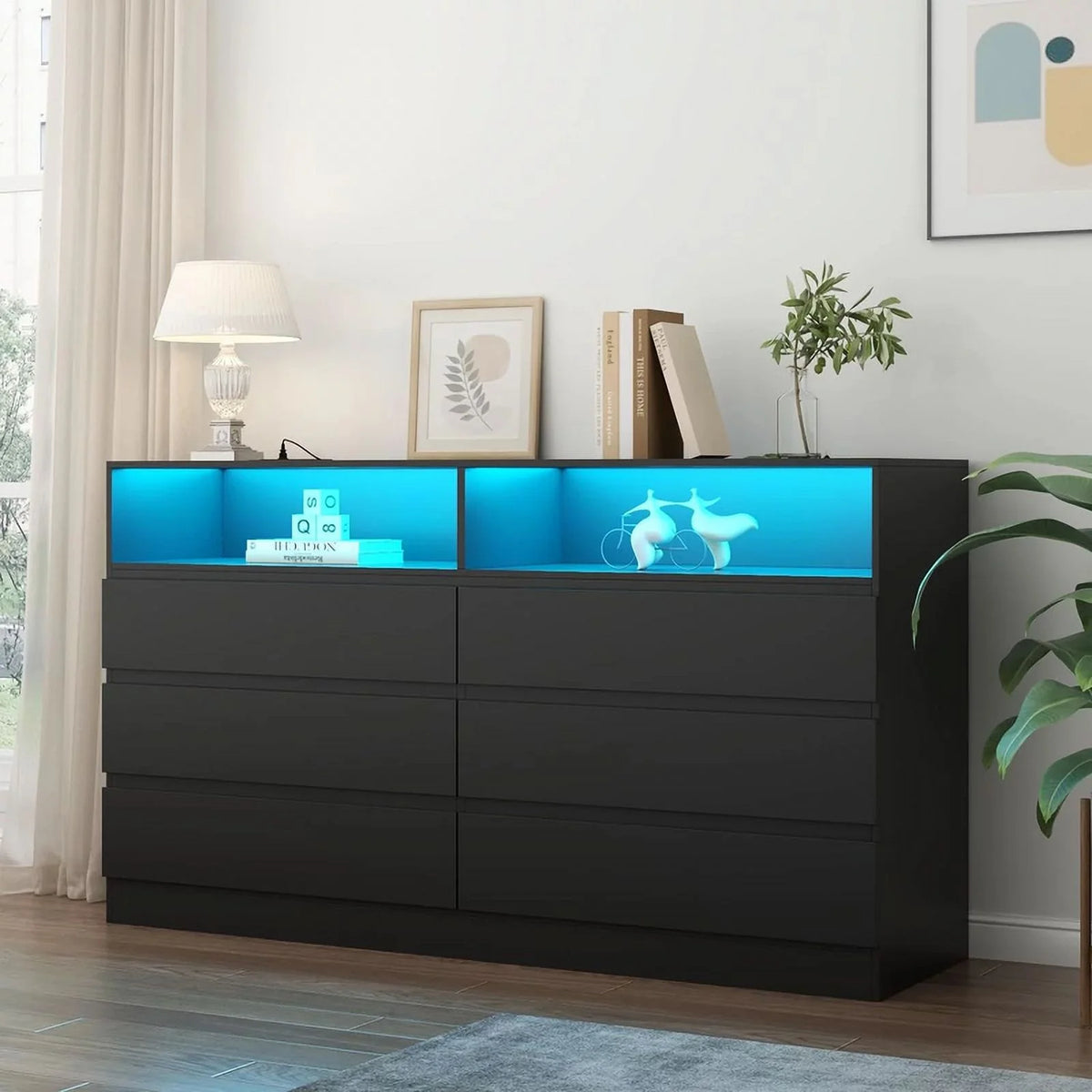 White 6 Drawer Double Dresser with Power Outlet and LED Light Z76938