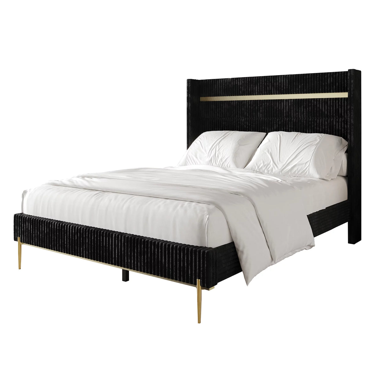 Gold PU Strip Wingback Velvet Upholstered Bed Black, Full U7443