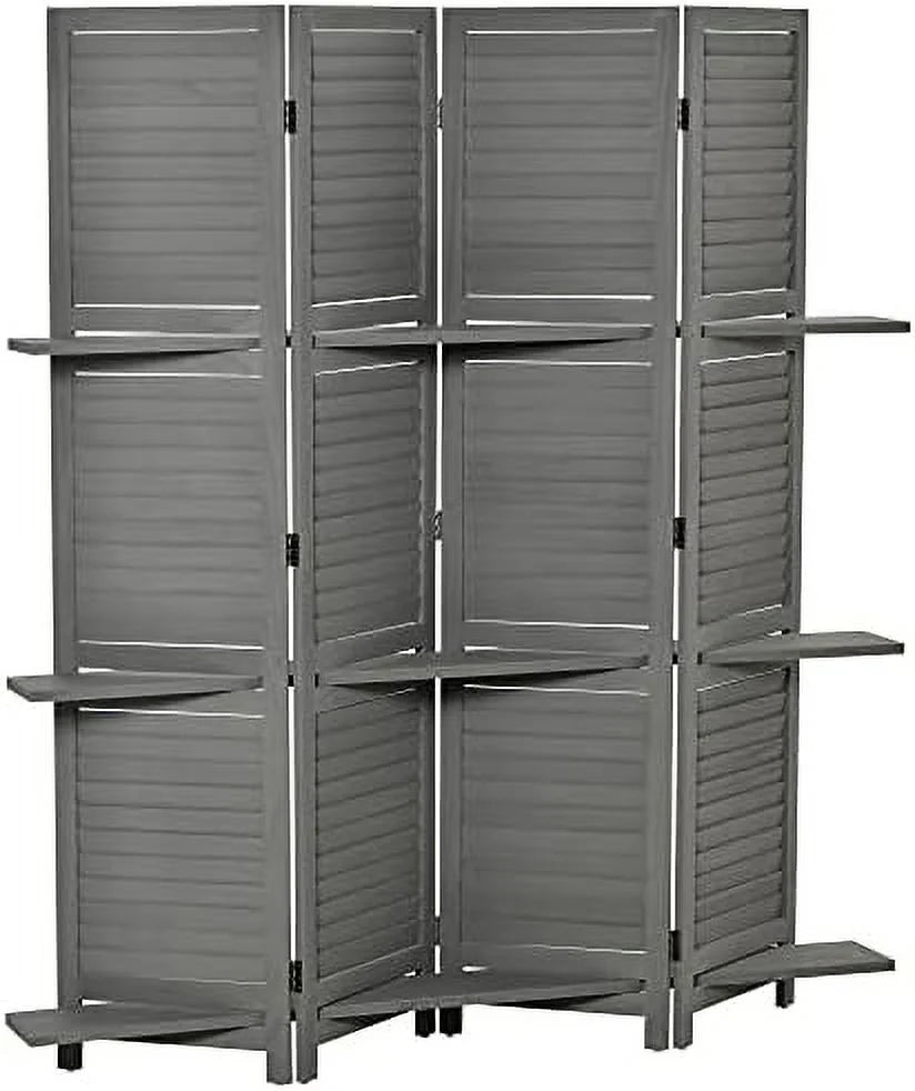 4 Panel Wood Privacy Screen Room Divider with Shelves H755015