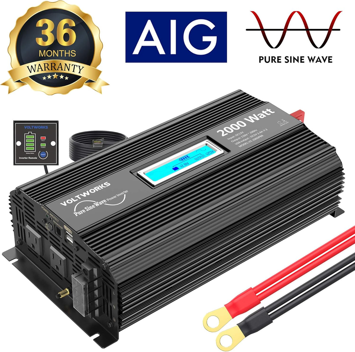Pure Sine Wave 2000Watt Car Power Inverter DC 12V to 120V AC with 2 AC Outlets USB Ports Remote Control LCD Display O413