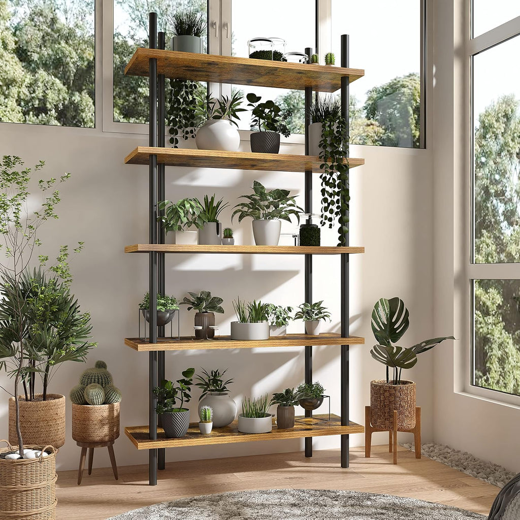 5 Tier Industrial Wood Bookshelf with Metal Frame G8526