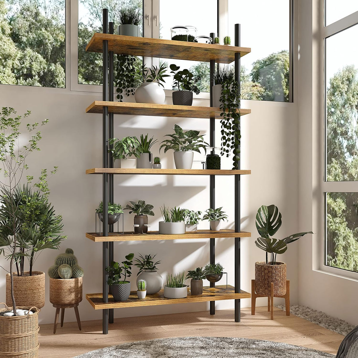 5 Tier Industrial Wood Bookshelf with Metal Frame G8526
