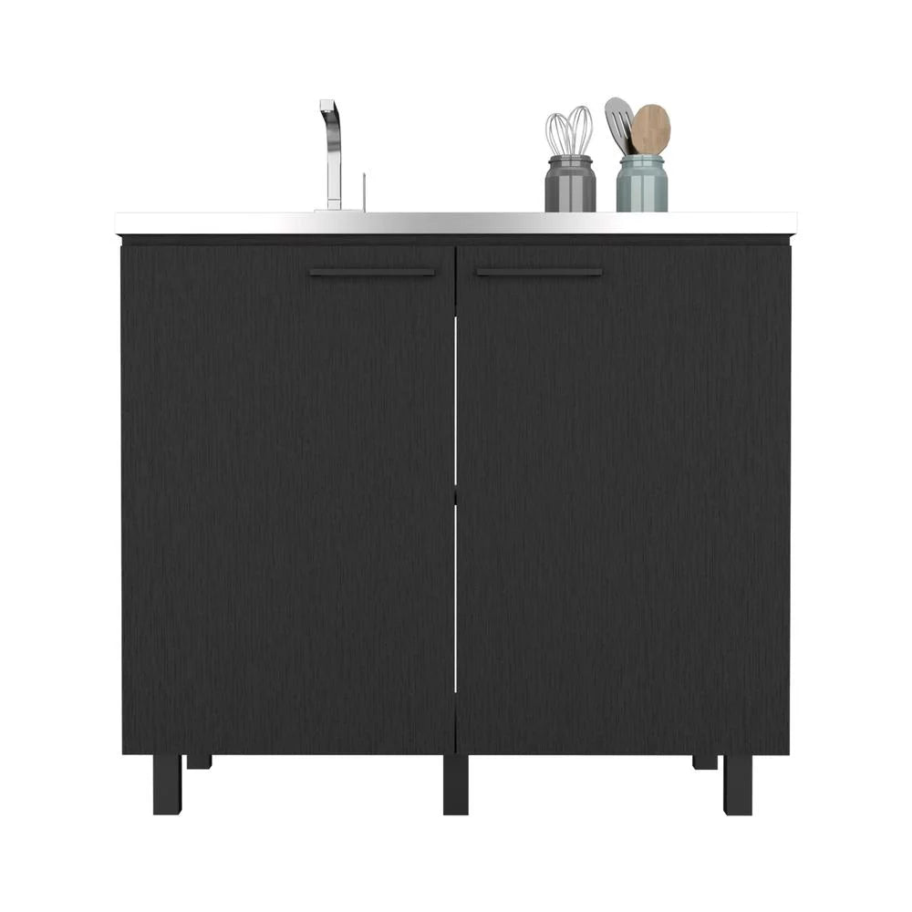 Black 2 Door Utility Base Cabinet with Stainless Steel Countertop T285743