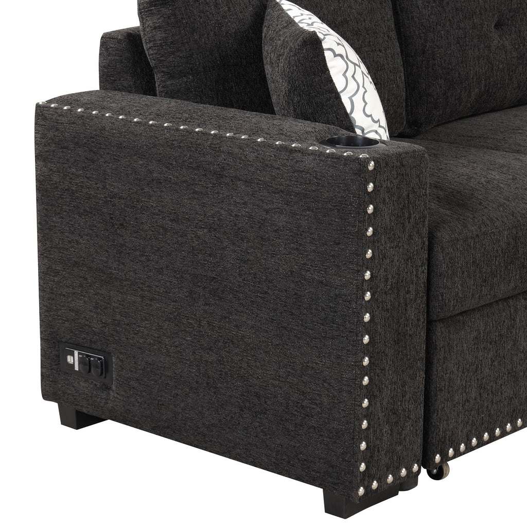 Black Reversible Pull-Out Sectional Sofa Bed with Storage Chaise I4433
