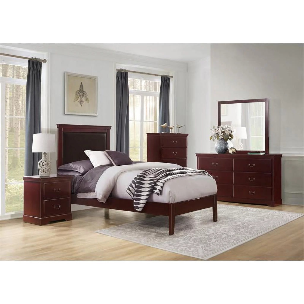 Cherry Wood and Faux Leather Twin Bed H155978