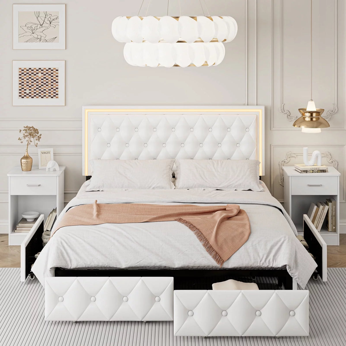 Queen LED Platform Bed Frame with 4 Storage Drawers L43419