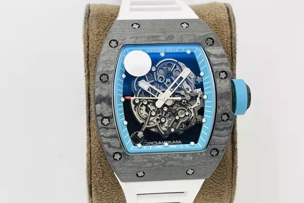 Skeleton Blue Dial Black Bezel White Rubber Strap W916