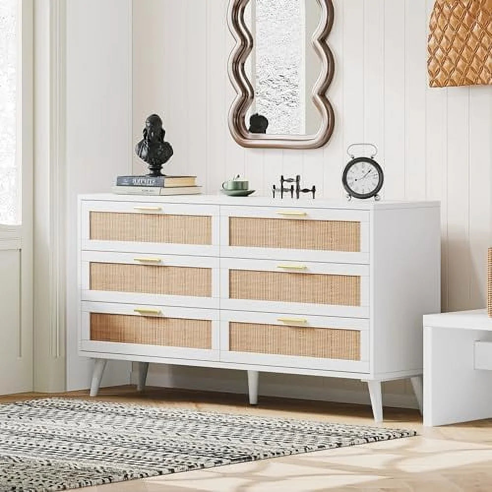 White 6 Drawer Rattan Wooden Dresser L9390