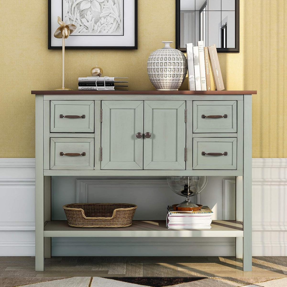 Light Green MDF Sideboard Console Table with 6 Drawers R274