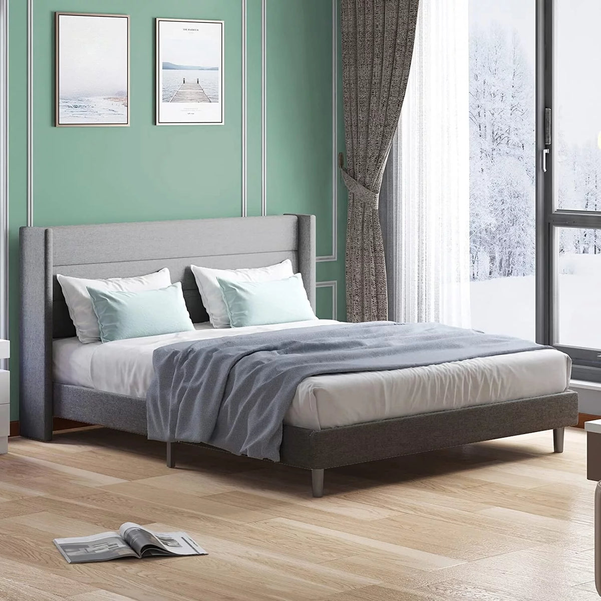 King Wood Platform Bed Frame with Upholstered Headboard C28837