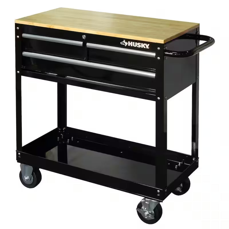3-Drawer Gloss Black Rolling Tool Cart with Hardwood Top E1834