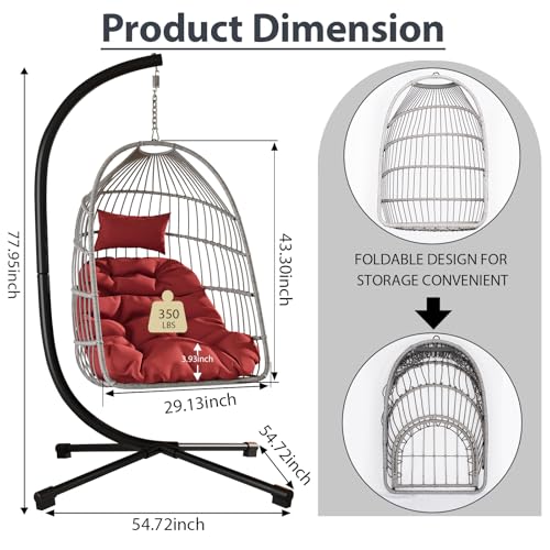 Foldable Hanging Egg Chair with Stand, HDPE Rattan and Aluminum-Steel Frame, 350 Lbs Capacity, Beige M628801