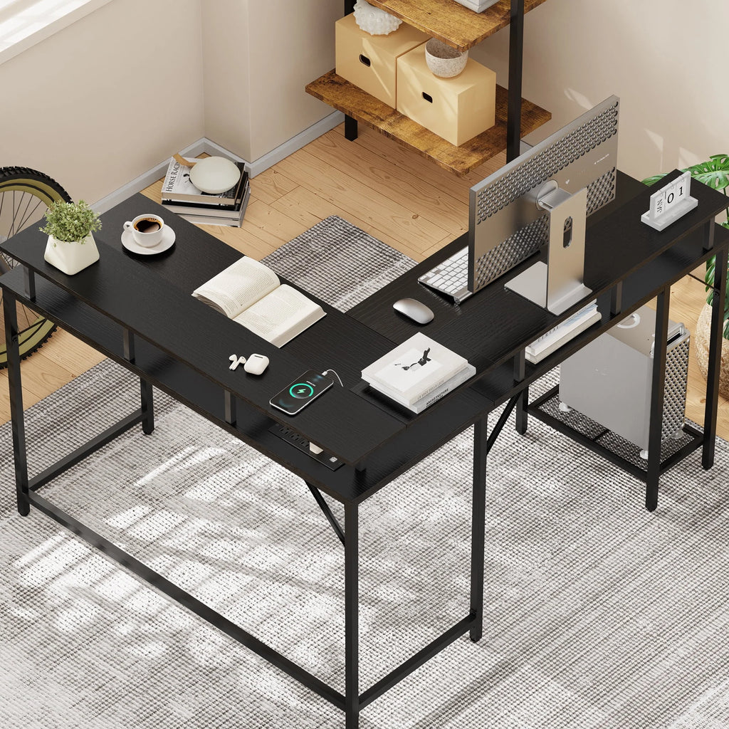 Black L Shaped Desk with Outlets USB Ports and Storage Shelves Y24022