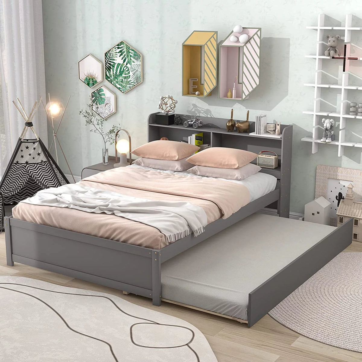 Full Size Wooden Platform Bed with Trundle and Bookcase Q612