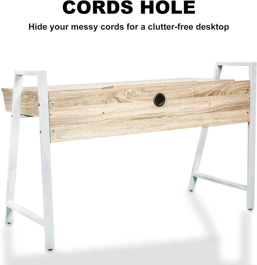 White Wood Computer Desk with Monitor Shelf and Drawers O578