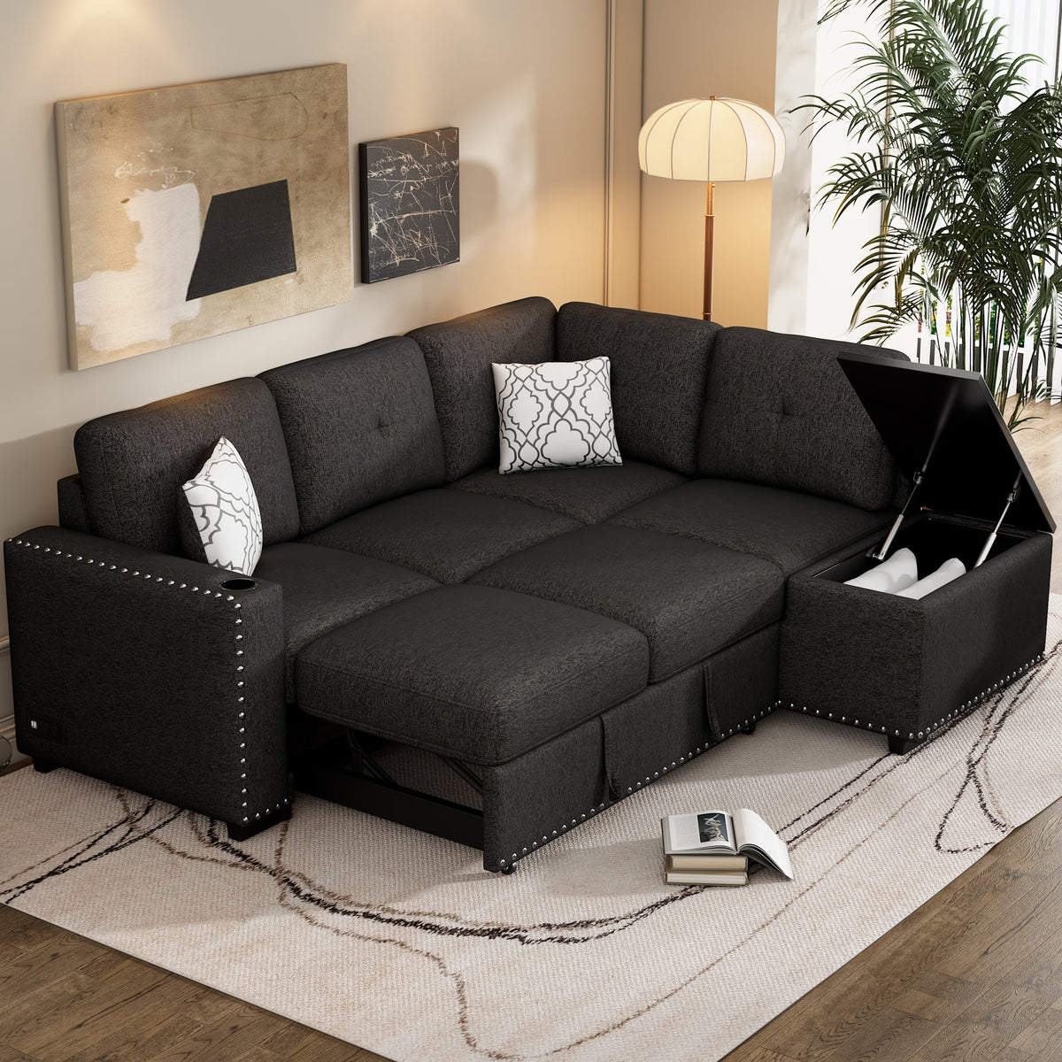 Black Reversible Pull-Out Sectional Sofa Bed with Storage Chaise I4433