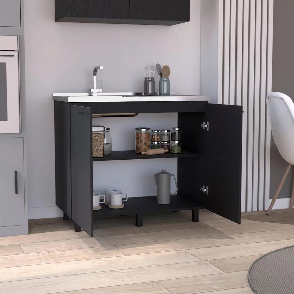 Black 2 Door Utility Base Cabinet with Stainless Steel Countertop T285743