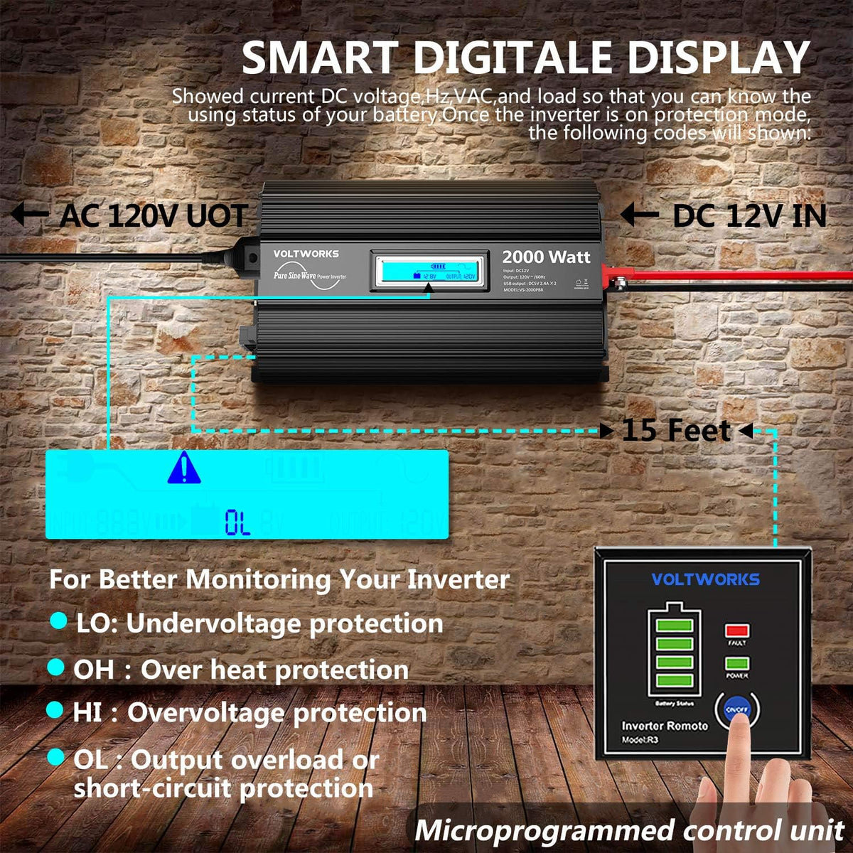 Pure Sine Wave 2000Watt Car Power Inverter DC 12V to 120V AC with 2 AC Outlets USB Ports Remote Control LCD Display O413