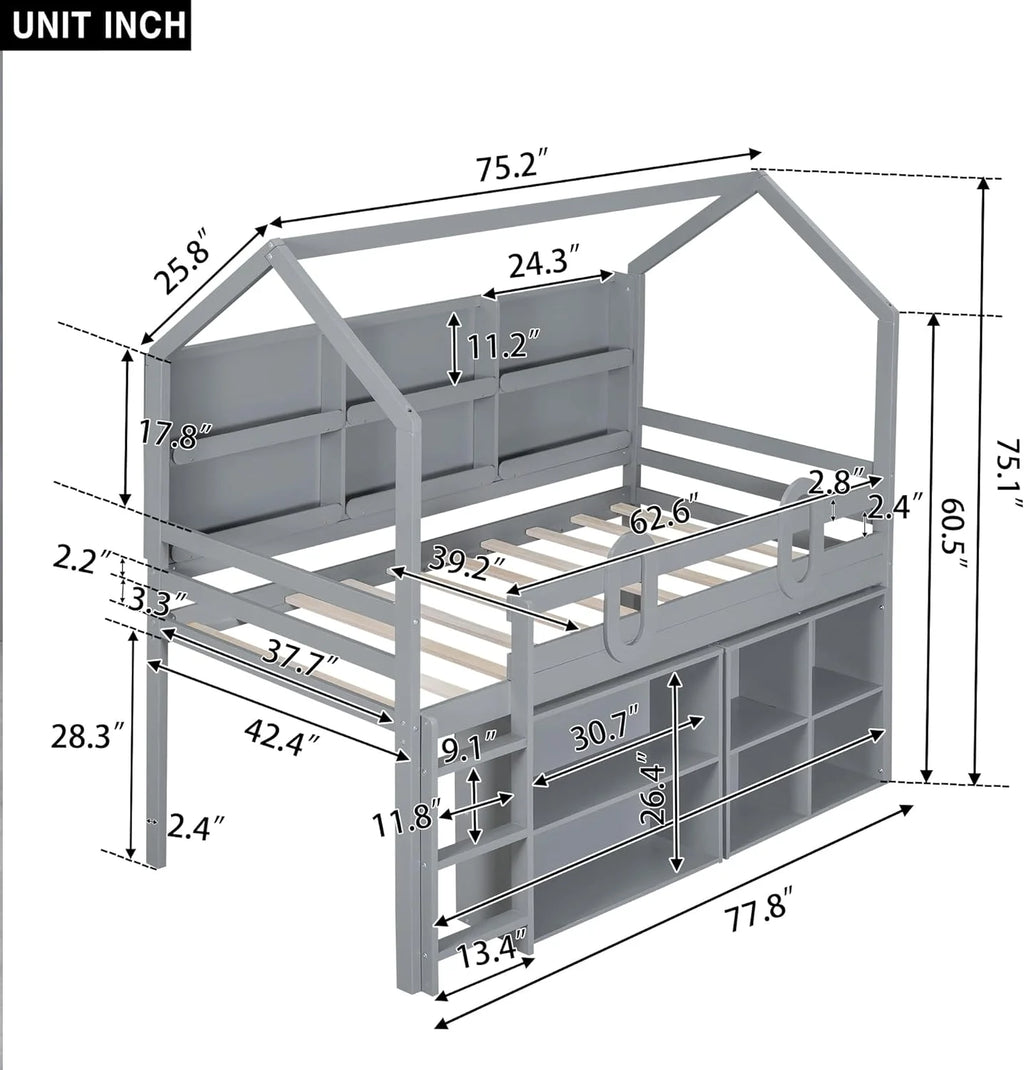 Grey Wooden Loft Bed Frame with Storage L453