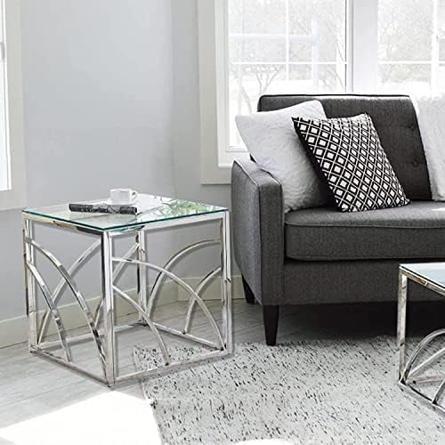 Glass End Table Set of 1 Square Tempered Glass Stainless Steel Side Table T8330