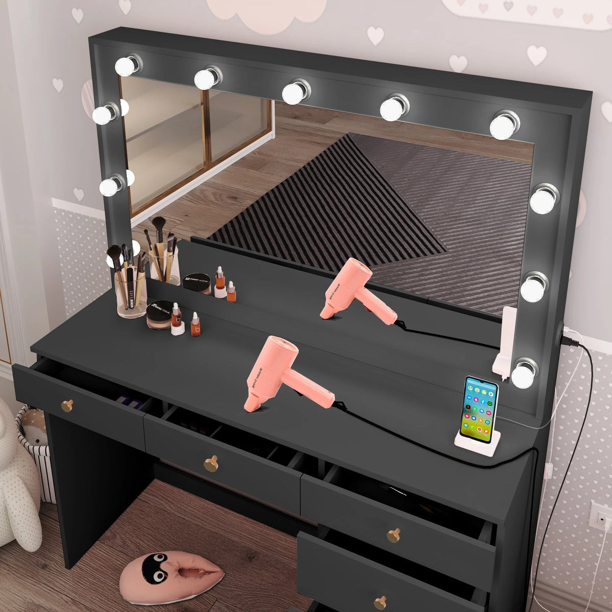 Black Painted Makeup Vanity Table with Light Bulbs G495