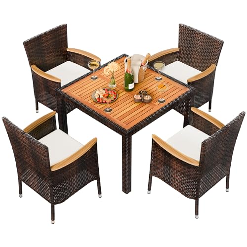 5 Pieces Wicker Patio Dining Set with Wood Table Top K241