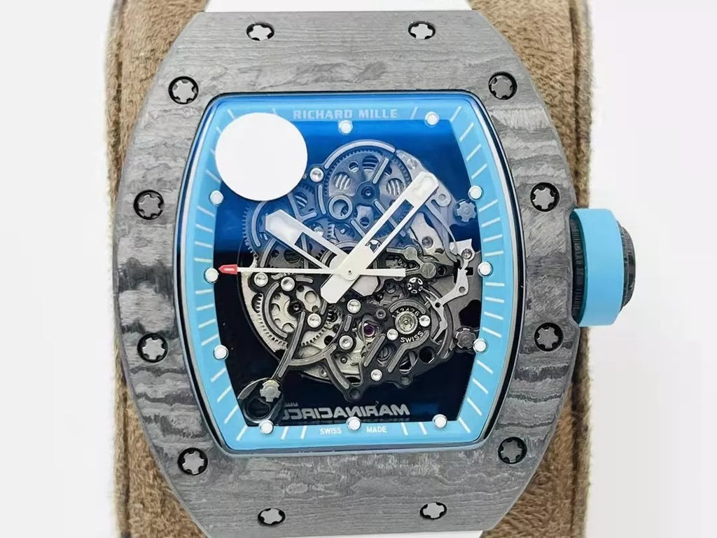 Skeleton Blue Dial Black Bezel White Rubber Strap W916