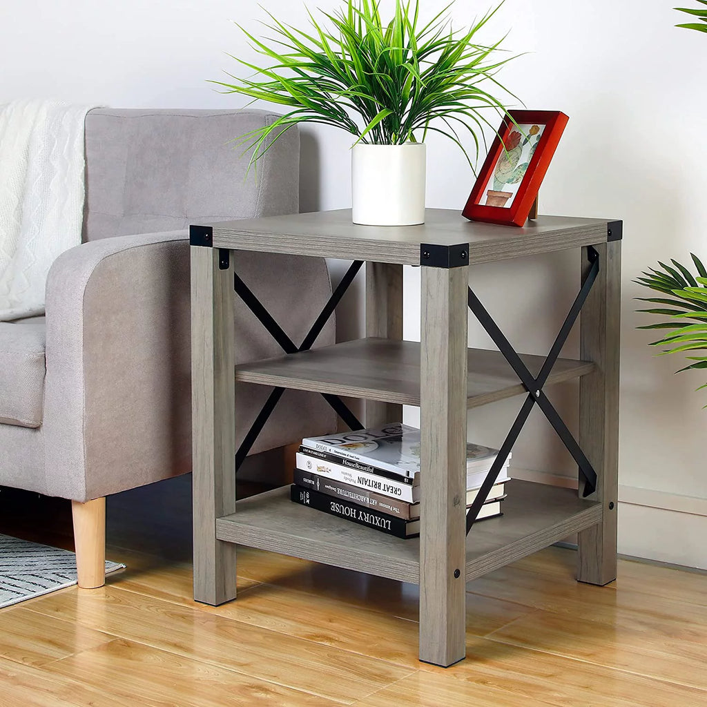 Set of 2 Rustic End Table with Storage Shelf E563512