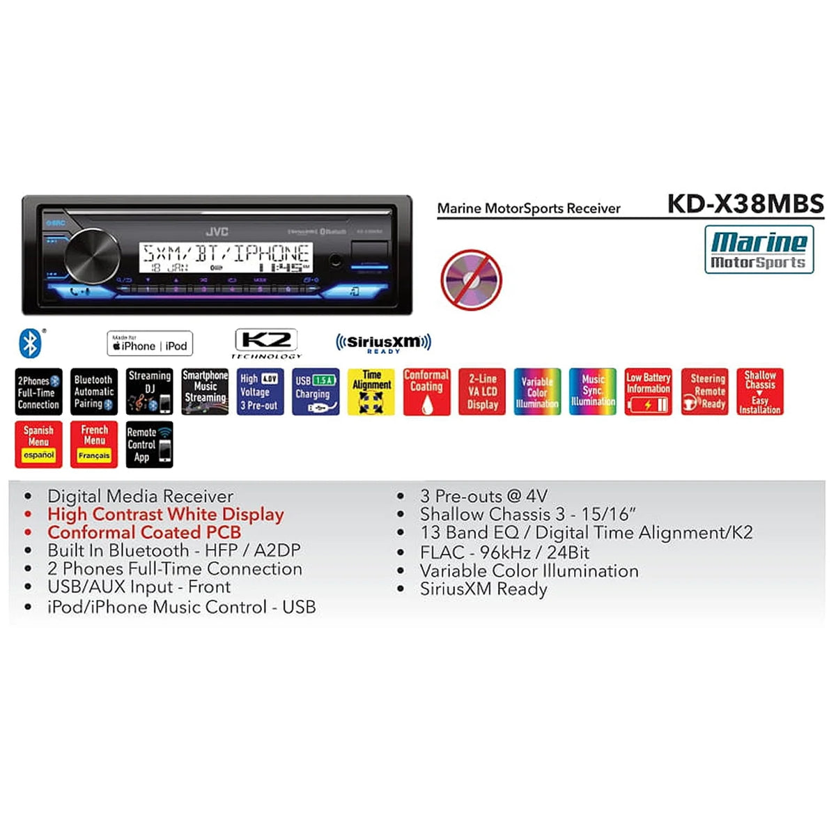 Single DIN Marine Bluetooth USB AUX LED AM/FM Radio Stereo Receiver with Dash Protector and Antenna H26398