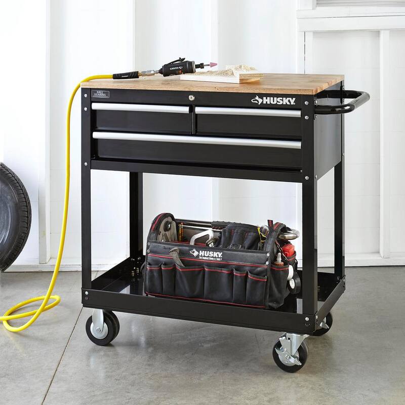 3-Drawer Gloss Black Rolling Tool Cart with Hardwood Top E1834