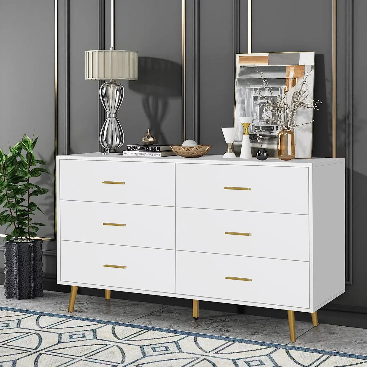 Wood 6 Drawer Dresser with Metal Handles F16336