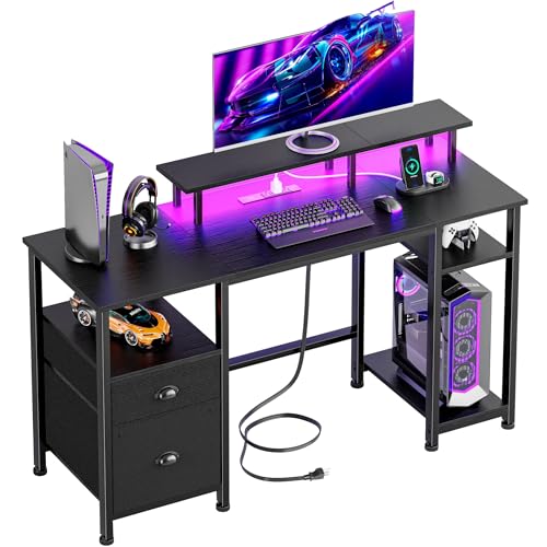61" Computer Desk with Power Outlet and LED Lights N22195