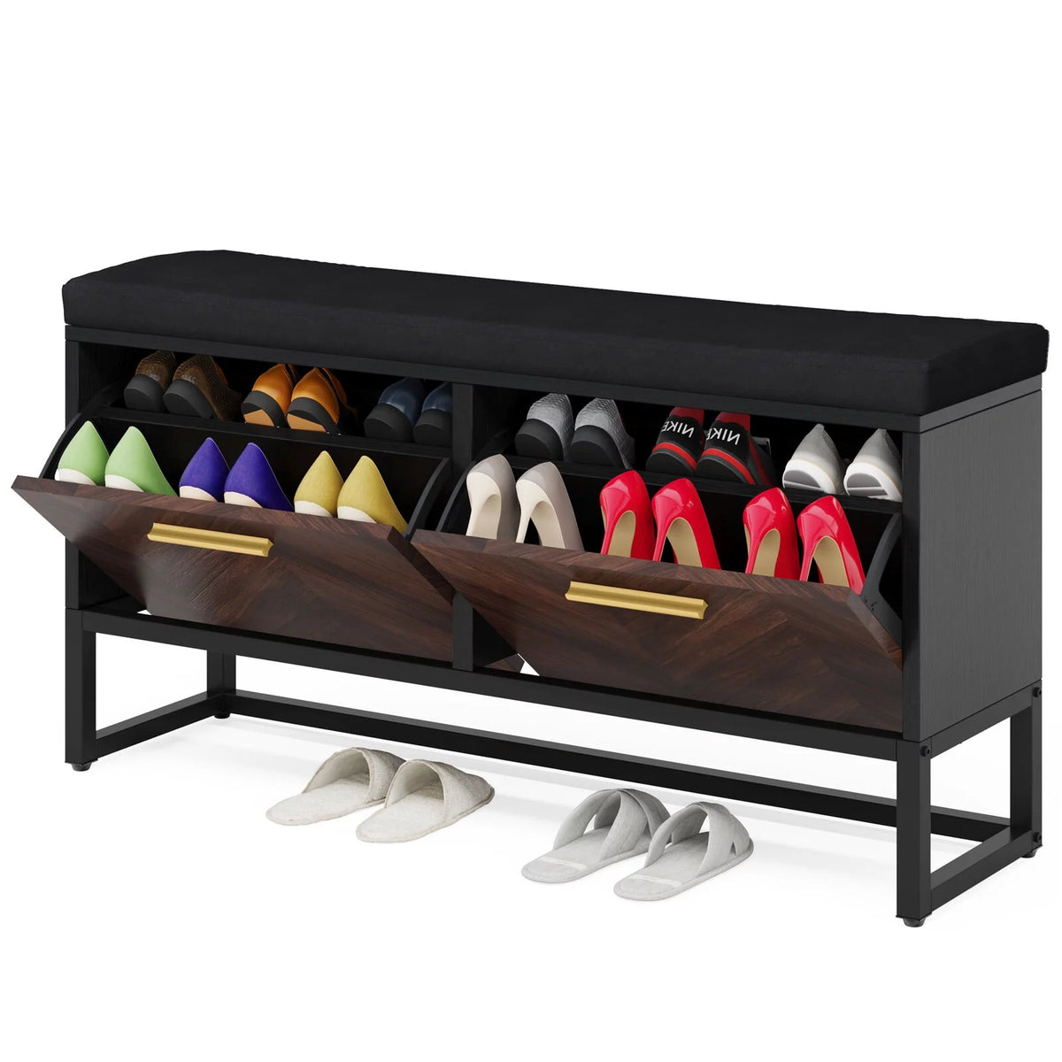 Shoe Storage Bench with Cushion & 2 Flip Drawers H9782