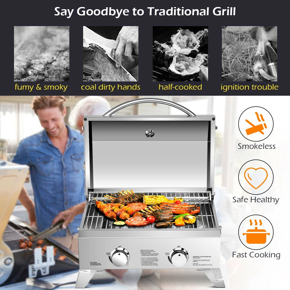 2 Burner Portable Propane Gas Grill Stainless Steel D500