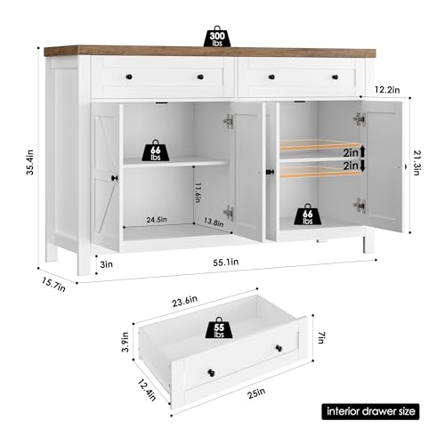 55" White Buffet Sideboard Cabinet with Drawers and Shelves M976949