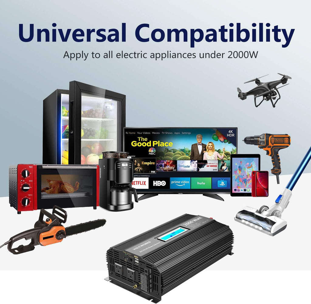 Pure Sine Wave 2000Watt Car Power Inverter DC 12V to 120V AC with 2 AC Outlets USB Ports Remote Control LCD Display O413