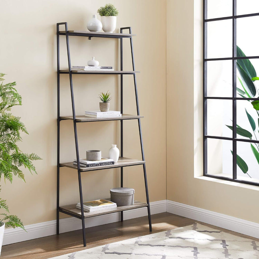 Industrial Metal and Wood Ladder Bookcase, 72 Inch, Dark Walnut A6997