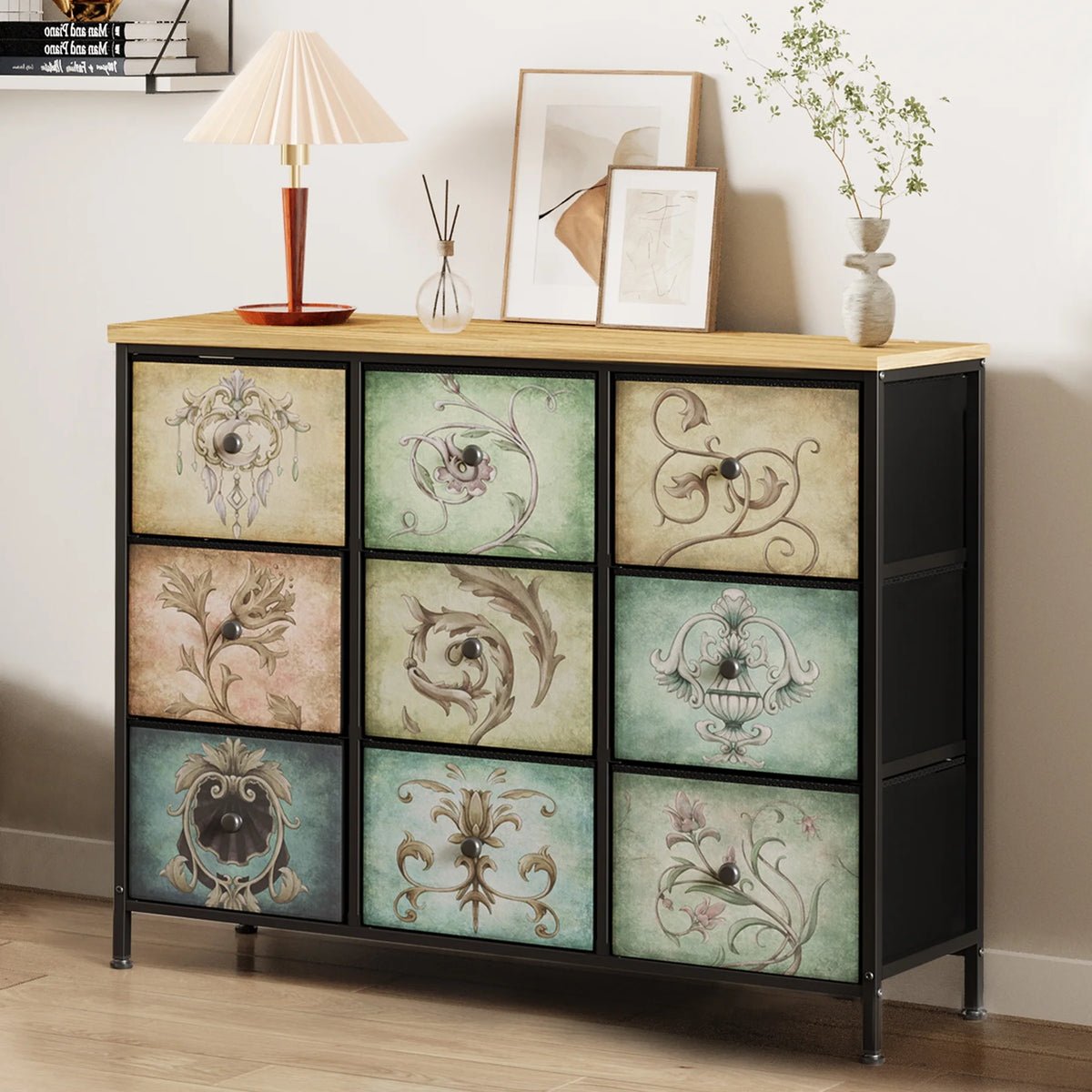 9 Drawer Dresser with Steel Frame Wooden Top J365