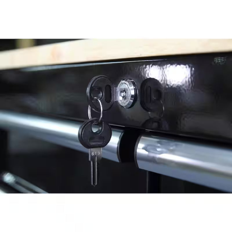 3-Drawer Gloss Black Rolling Tool Cart with Hardwood Top E1834