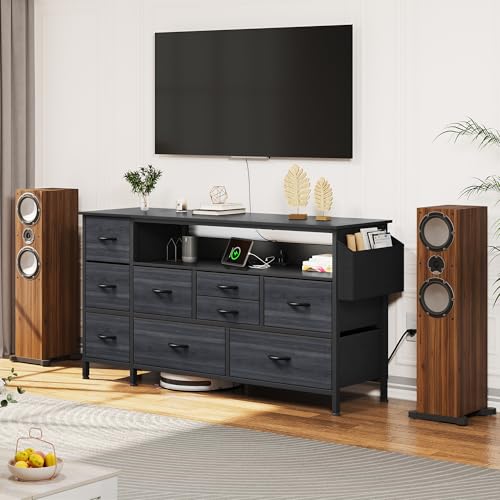Black 9 Drawer TV Stand with Charging Station N9434