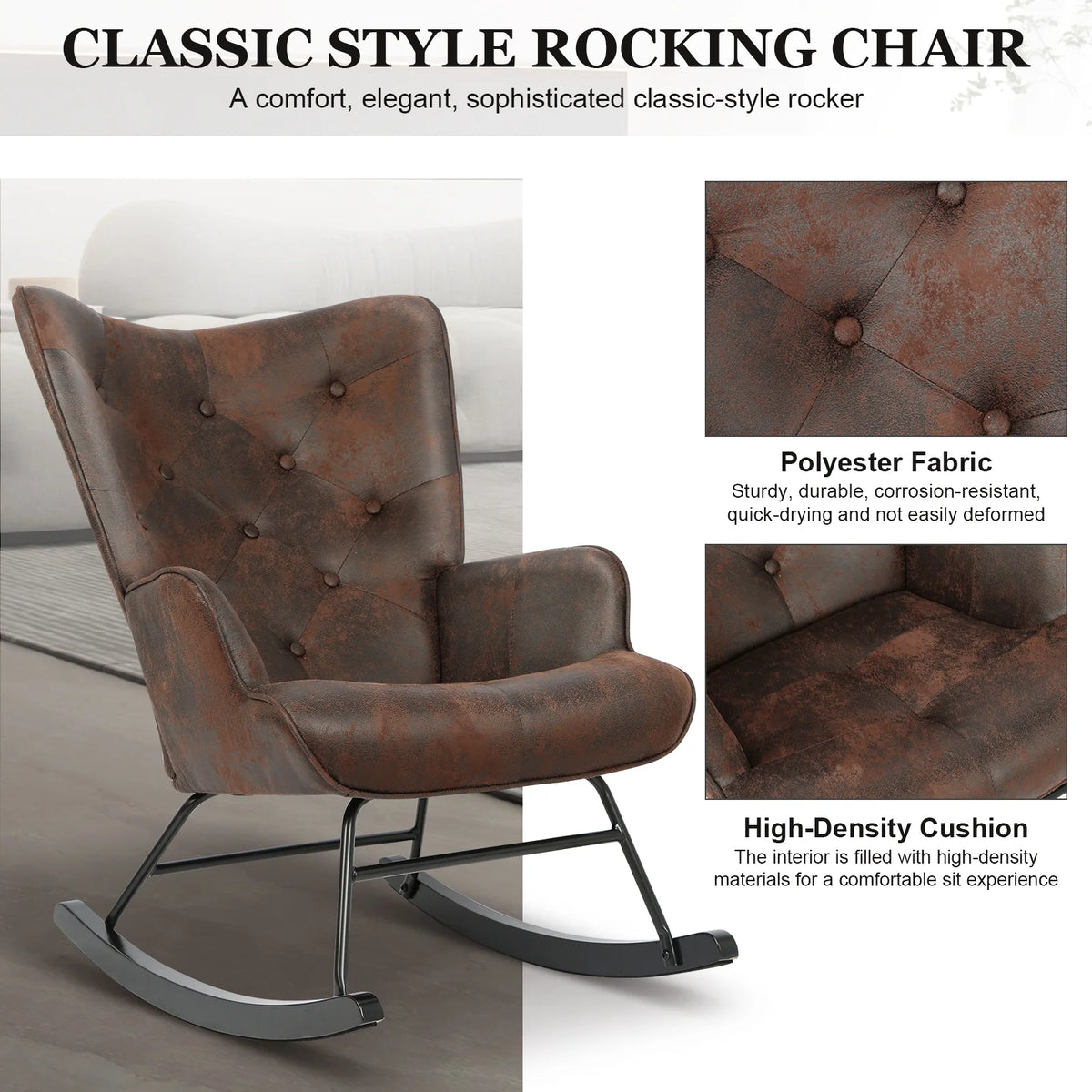 Black Polyester Fabric Rocker Glider Chair with Wooden Base R462