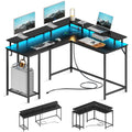 Black L Shaped Desk with Outlets USB Ports and Storage Shelves Y24022